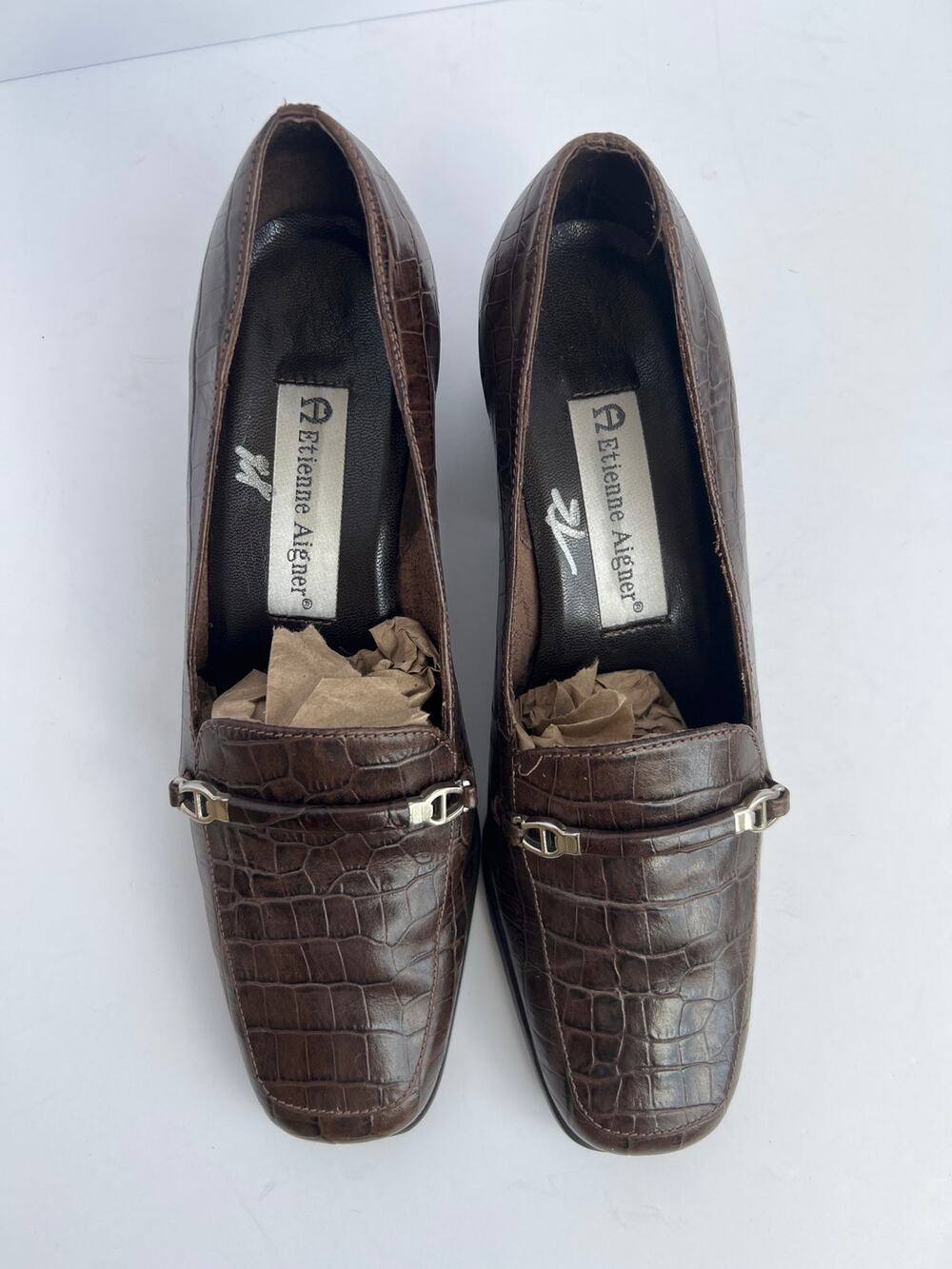 Vintage Etienne Aigner Brown Croc Embossed Leather Bit Block Heel Loafers 5.5M